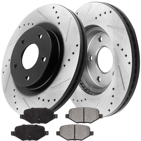 MotorbyMotor 330mm Rear Drilled & Slotted Disc Brake Rotors w/Ceramic Pads w/Brake Cleaner Fluid for 2010-2017 Ford Taurus (Excluding SHO or Police)