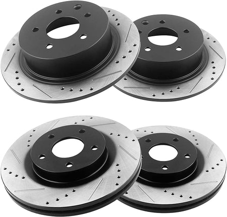 Front & Rear Drilled & Slotted Disc Brake Rotors + Ceramic Pads + Cleaner & Fluid Fits for 2007- 2012 Nissan Altima (All Models), 2013 Nissan Altima (S Coupe Models ONLY)