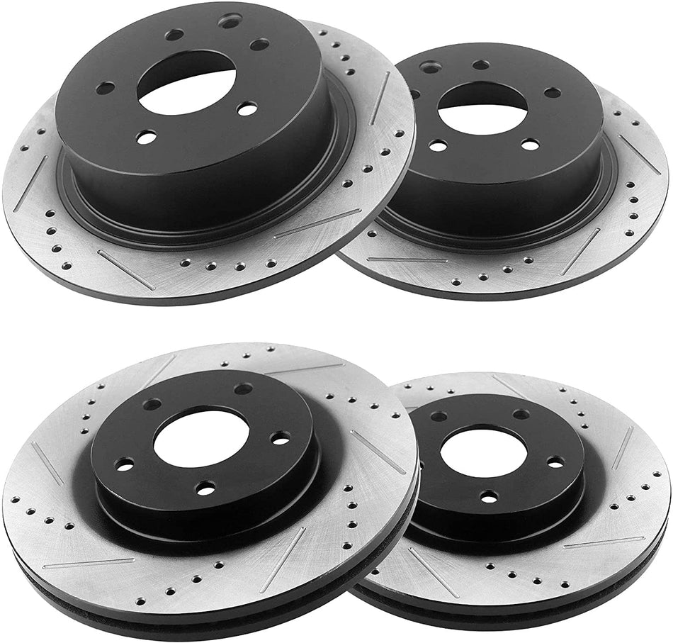 Front & Rear Drilled & Slotted Disc Brake Rotors + Ceramic Pads + Cleaner & Fluid Fits for 2007- 2012 Nissan Altima (All Models), 2013 Nissan Altima (S Coupe Models ONLY)