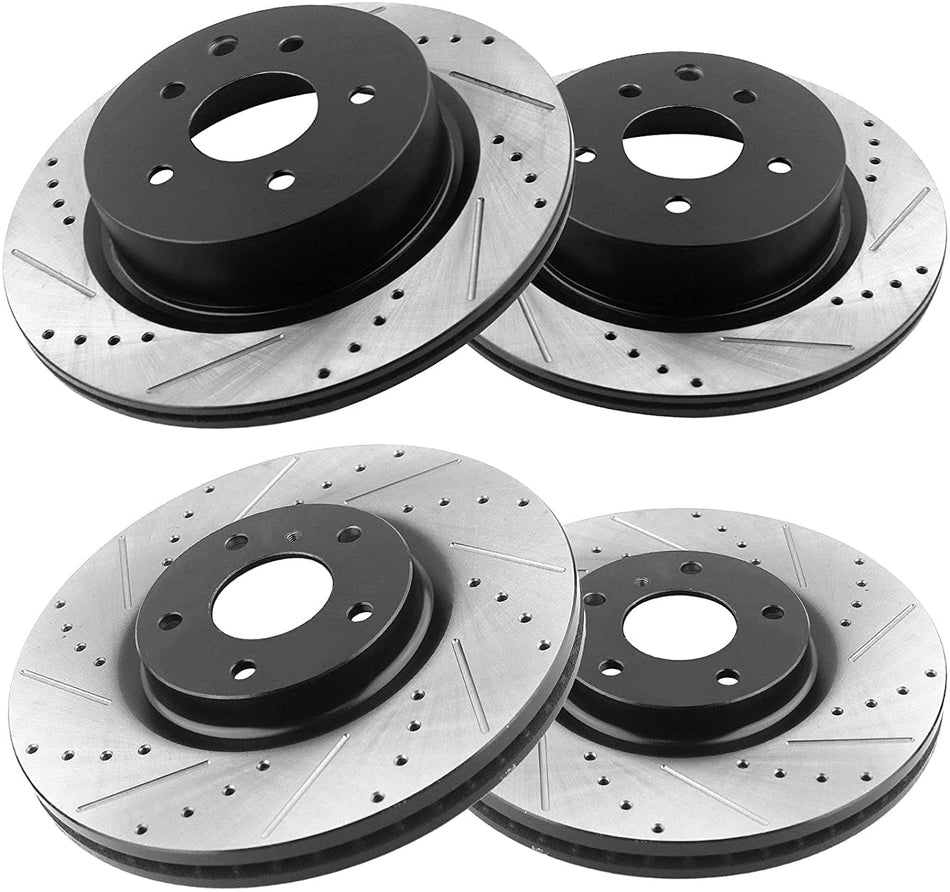 Front & Rear Drilled & Slotted Disc Brake Rotors + Ceramic Pads + Cleaner & Fluid Fits for Nissan EX35 EX37 G25 G35 G37 M35 M45 Q40 QX50 350Z 370Z Maxima