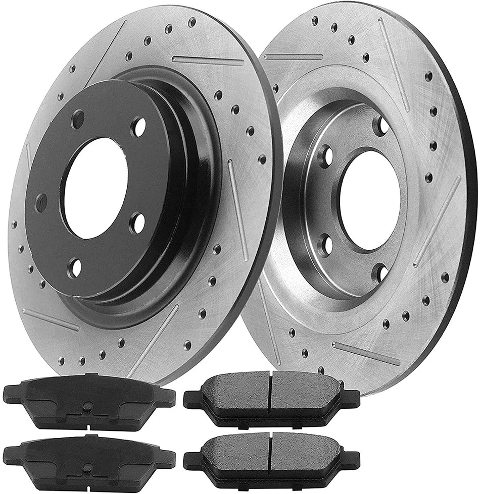 MotorbyMotor Rear Brake Rotors 267mm Drilled & Slotted Design Brake Rotor & Brake Pad kit Including CLEANER DOT4 FLUID Fits for Ford Mustang 1994-2004