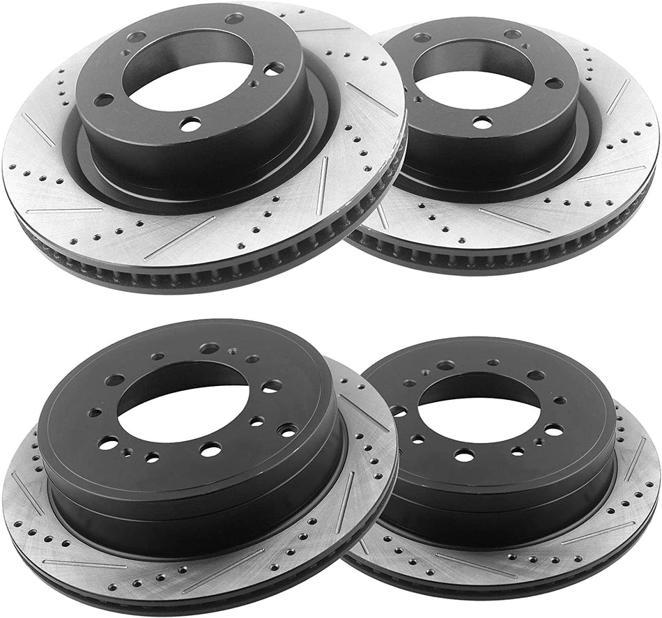 Front & Rear Drilled & Slotted Disc Brake Rotors + Ceramic Pads + Cleaner & Fluid Fits for Lexus LX570, Toyota Land Cruiser/Sequoia/Tundra