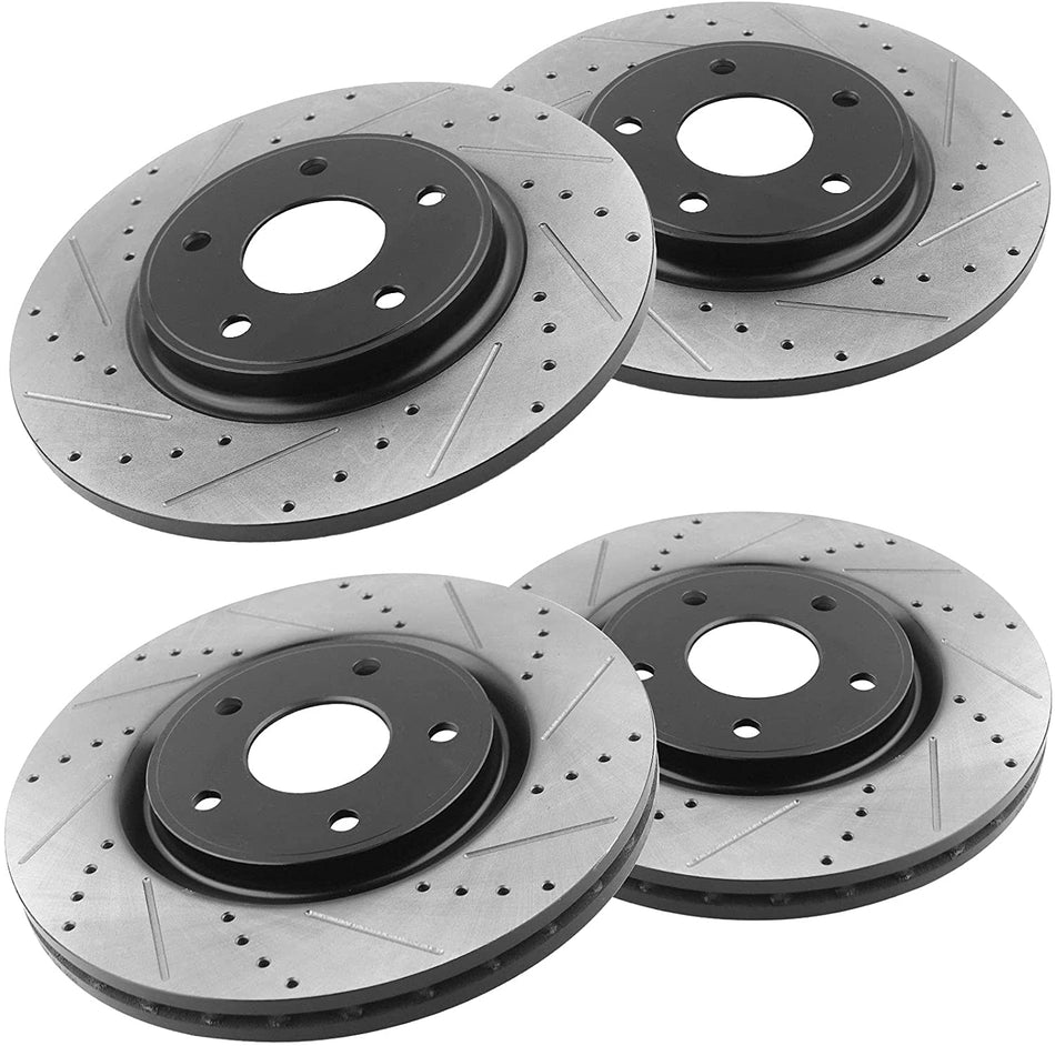 MotorbyMotor 330mm Front & 328mm Rear Drilled & Slotted Disc Brake Rotors + Ceramic Pads + Cleaner & Fluid for Chrysler Town & Country, Dodge Grand Caravan Journey, Ram C/V, Volkswagen Routan