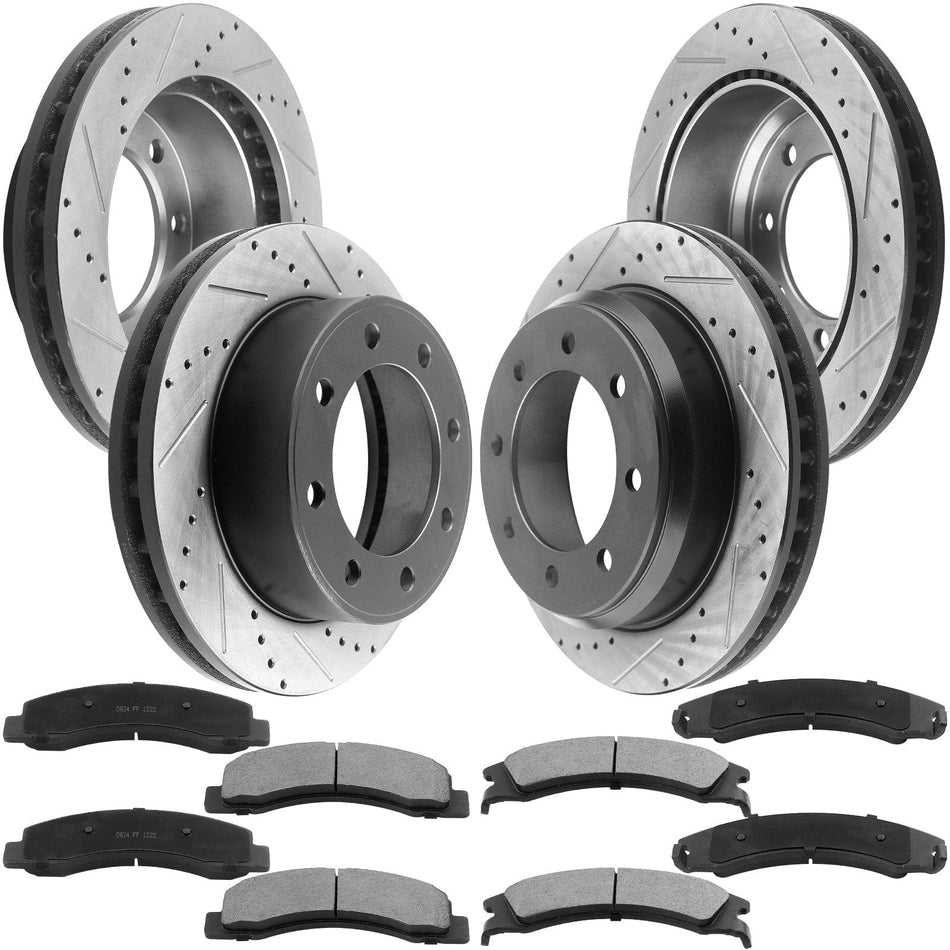 Front & Rear Brake Discs Rotors w/Ceramic Brake Pads w/Cleaner & Fluid Fit Ford Excursion Ford F-250 F-250 Super Duty 8 Lugs-54078 54074