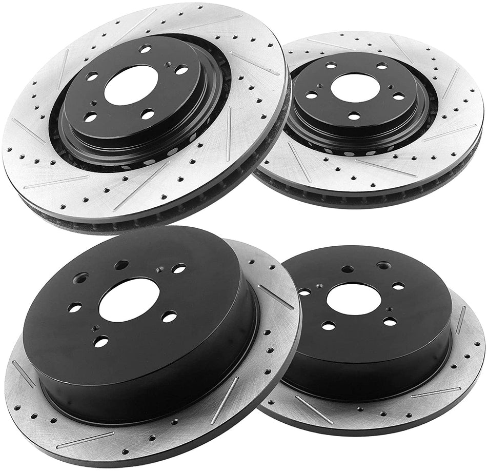 Front & Rear Drilled & Slotted Disc Brake Rotors + Ceramic Pads + Cleaner & Fluid Fits for 2010-2015 Lexus RX350/RX450H, 2014-2019 Toyota Highlander, 2011-2020 Toyota Sienna