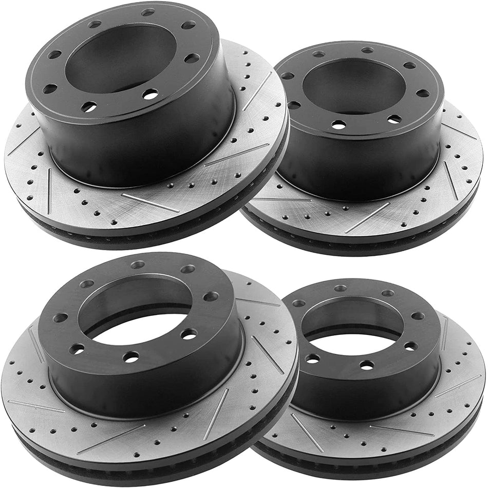 Front & Rear Drilled & Slotted Disc Brake Rotors + Ceramic Pads + Cleaner & Fluid Fits for 2005-2012 Ford F-250 Super Duty, 2005-2012 Ford F-350 Super Duty