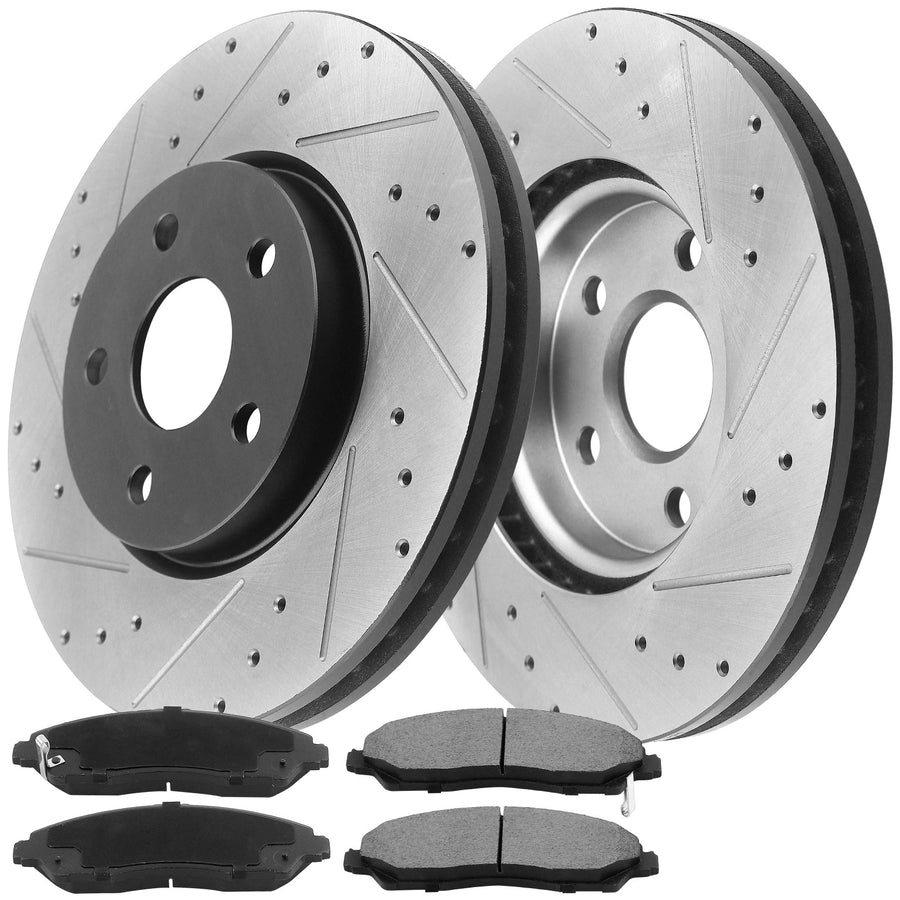 Front Drilled & Slotted Disc Brake Rotors + Ceramic Pads + Cleaner & Fluid Fits for 2014-2019 Cadillac CTS, 2016-2020 Chevy Camaro-5 Lugs Wheel Holes