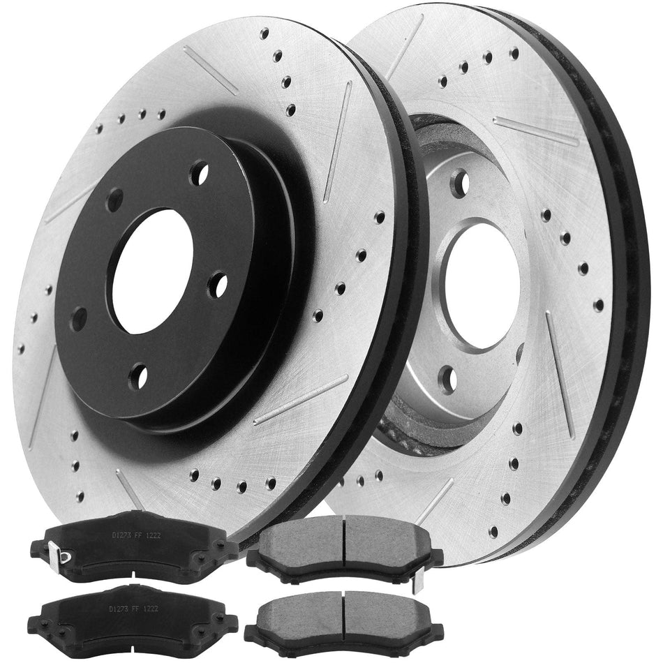 Front Drilled and Slotted Disc Brake Rotors w/Ceramic Brake Pads+ Cleaner & Fluid for  Dodge Nitro, Jeep Liberty (302mm 11.8'' Front Rotors)-53042