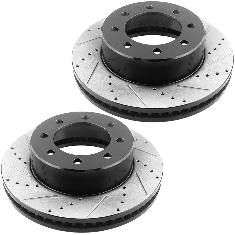 Front Drilled & Slotted Disc Brake Rotors + Ceramic Pads + Cleaner & Fluid Fits for 2009-2010 Dodge Ram 2500 3500 Pickup, 2009 Dodge Ram 4000, 11-19 Ram 2500,11-20 Ram 3500, 14-15 Ram 4000