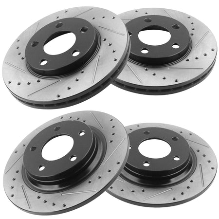 Front Rear Drilled & Slotted Brake Rotors + Ceramic Brake Pads + Cleaner & Fluid Fit for 1999 2000 2001 2002 2003 2004 Ford Mustang, 5 Lugs(Bolts Not Included)-54011 54017