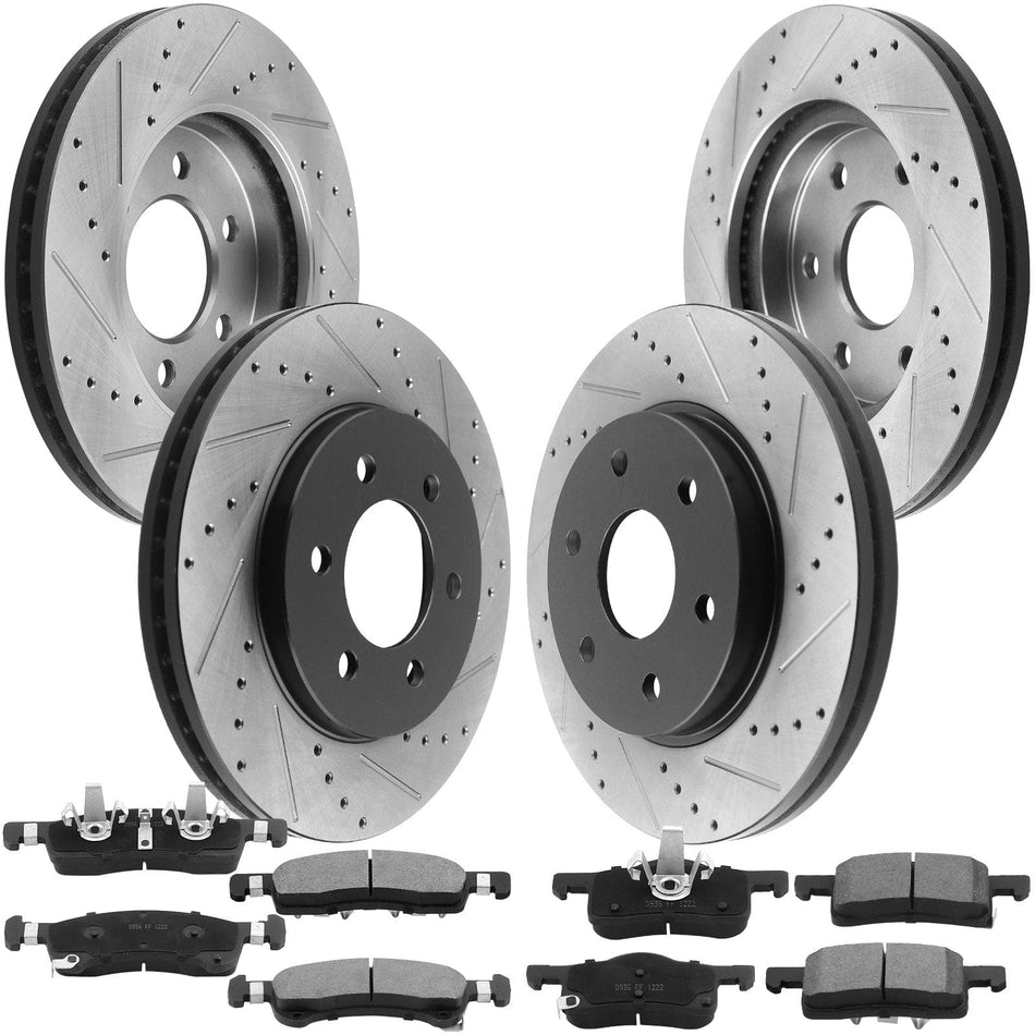 Front & Rear Drilled & Slotted Disc Brake Rotors + Ceramic Pads + Cleaner & Fluid Fits for 2003-2006 Ford Expedition, 2003-2006 Lincoln Navigator-All Models