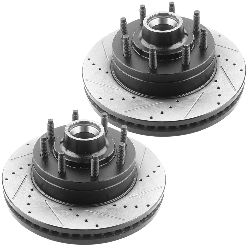 Front Drilled & Slotted Disc Brake Rotors + Ceramic Pads + Cleaner & Fluid Fits for 2008-2014 Ford E-150, 2008-2014 Ford E-250, 2008-2019 Ford E-350