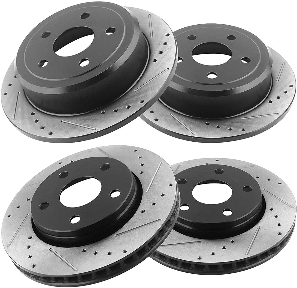 Front & Rear Drilled & Slotted Disc Brake Rotors + Ceramic Pads + Cleaner & Fluid Fits for 2007-2018 Jeep Wrangler, 2018 Jeep Wrangler JK