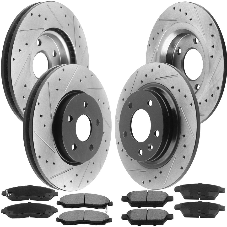 Front & Rear Drilled & Slotted Disc Brake Rotors + Ceramic Pads + Cleaner & Fluid Fits for 2011-2013 Chevy Impala, 2014-2016 Chevy Impala Limited