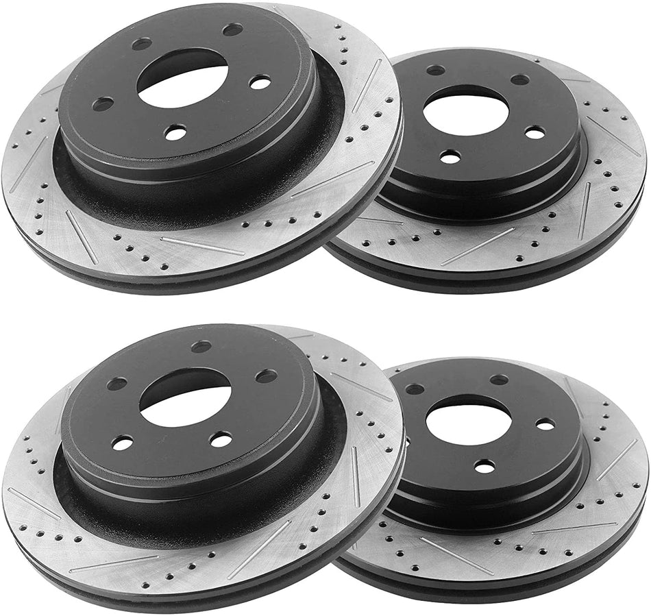 Front & Rear Drilled & Slotted Disc Brake Rotors + Ceramic Pads + Cleaner & Fluid Fits for Chrysler Aspen, Dodge Dakota, Dodge Ram 1500 Pickup,Ram 1500