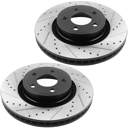 Front Drilled & Slotted Disc Brake Rotors + Ceramic Pads + Cleaner & Fluid Fits for Ford Mustang 2015 2016 2017 2018 2019 2020 (2.3L, 3.7L)