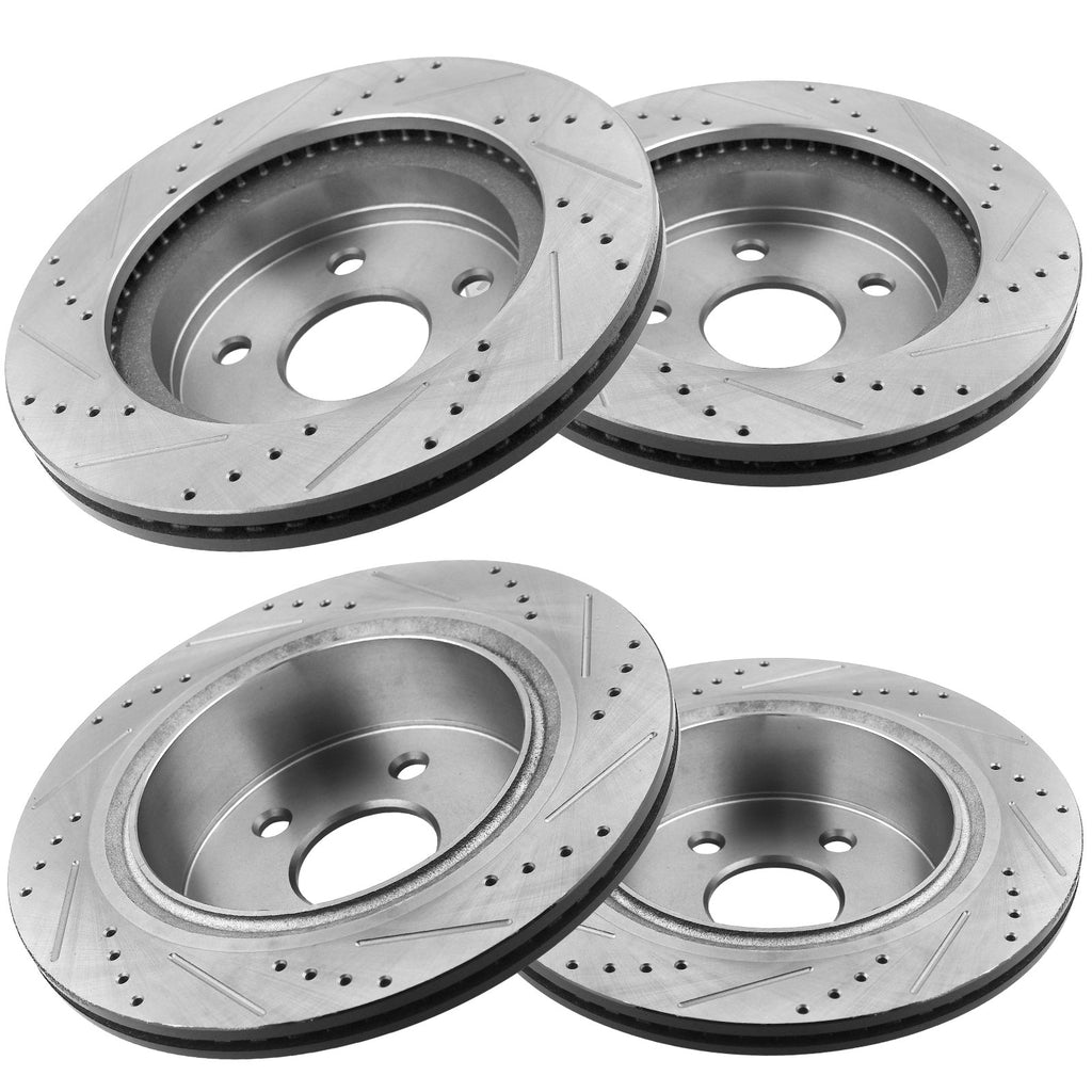 Front & Rear Drilled and Slotted Disc Brake Rotors w/Ceramic Brake Pads w/Cleaner & Fluid for Chrysler Aspen, Dodge Durango Ram 1500-5 Lugs 2WD or 4WD