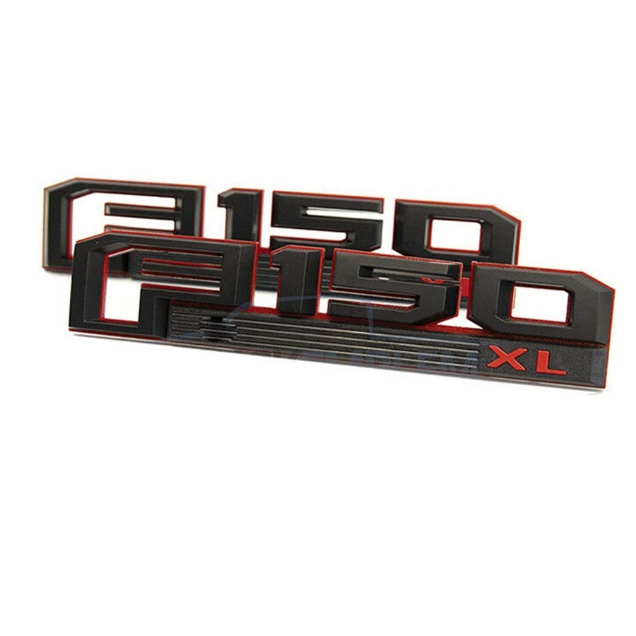 "Two black and red F150 XL emblems, with a bold and modern design, arranged one behind the other on a white background."