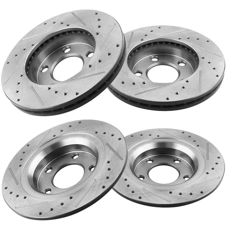 Front Rear Drilled & Slotted Brake Rotors + Ceramic Brake Pads + Cleaner & Fluid Fit for 1999 2000 2001 2002 2003 2004 Ford Mustang, 5 Lugs(Bolts Not Included)-54011 54017