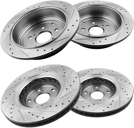Front & Rear Drilled & Slotted Disc Brake Rotors + Ceramic Pads + Cleaner & Fluid Fits for 2010-2015 Lexus RX350/RX450H, 2014-2019 Toyota Highlander, 2011-2020 Toyota Sienna