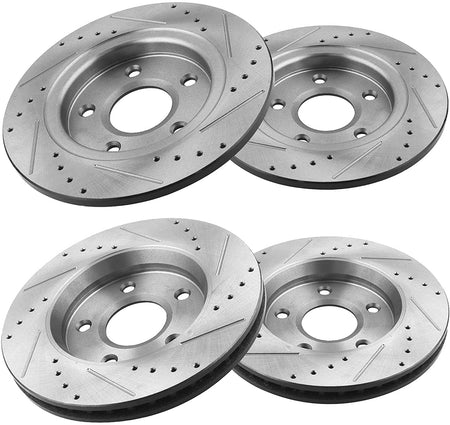 Front & Rear Drilled & Slotted Disc Brake Rotors + Ceramic Pads + Cleaner & Fluid Fits for Chrysler Town & Country, Dodge Grand Caravan, Dodge Journey, Ram C/V