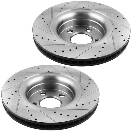 Front Drilled & Slotted Disc Brake Rotors + Ceramic Pads + Cleaner & Fluid Fits for Ford Mustang 2015 2016 2017 2018 2019 2020 (2.3L, 3.7L)