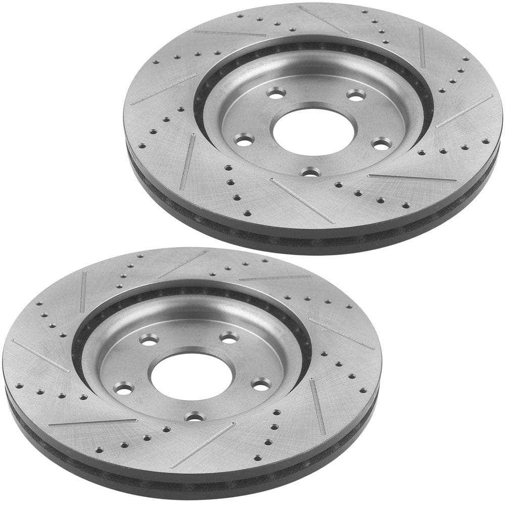 Front Drilled & Slotted Disc Brake Rotors + Ceramic Pads + Cleaner & Fluid Fits for 17-20 Chrysler Pacifica/Town & Country, Dodge Grand Caravan/Journey, Ram C/V, Volkswagen Routan