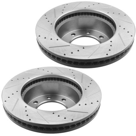 Front Drilled & Slotted Disc Brake Rotors + Ceramic Pads + Cleaner & Fluid Fits for 2009-2010 Dodge Ram 2500 3500 Pickup, 2009 Dodge Ram 4000, 11-19 Ram 2500,11-20 Ram 3500, 14-15 Ram 4000