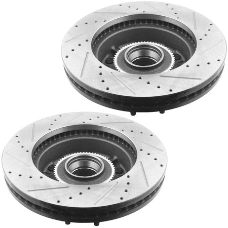 Front Drilled & Slotted Disc Brake Rotors + Ceramic Pads + Cleaner & Fluid Fits for 2008-2014 Ford E-150, 2008-2014 Ford E-250, 2008-2019 Ford E-350