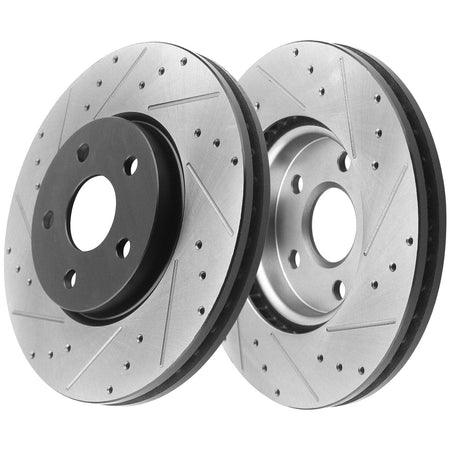 Front Drilled & Slotted Disc Brake Rotors + Ceramic Pads + Cleaner & Fluid Fits for 2014-2019 Cadillac CTS, 2016-2020 Chevy Camaro-5 Lugs Wheel Holes