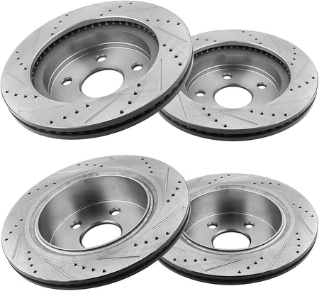 Front & Rear Drilled & Slotted Disc Brake Rotors + Ceramic Pads + Cleaner & Fluid Fits for Chrysler Aspen, Dodge Dakota, Dodge Ram 1500 Pickup,Ram 1500