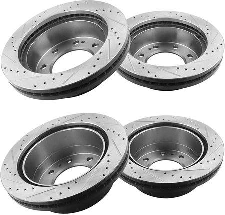Front Rear Drilled Slotted Disc Brake Rotors + Ceramic Pads + Cleaner Fluid Fits for Chevy Silverado 2500 HD 3500 HD, GMC Sierra 2500 HD 3500 HD