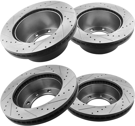 Front & Rear Drilled & Slotted Disc Brake Rotors + Ceramic Pads + Cleaner & Fluid Fits for 2005-2012 Ford F-250 Super Duty, 2005-2012 Ford F-350 Super Duty