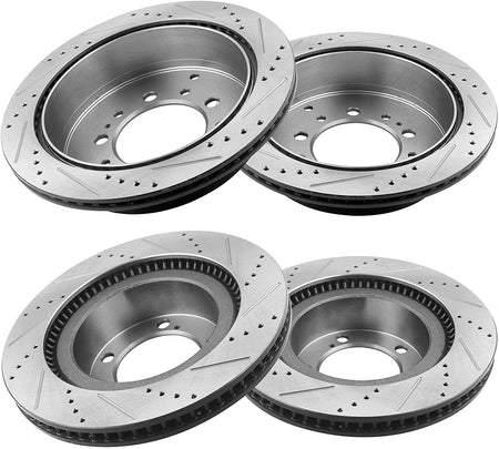 Front & Rear Drilled & Slotted Disc Brake Rotors + Ceramic Pads + Cleaner & Fluid Fits for Lexus LX570, Toyota Land Cruiser/Sequoia/Tundra