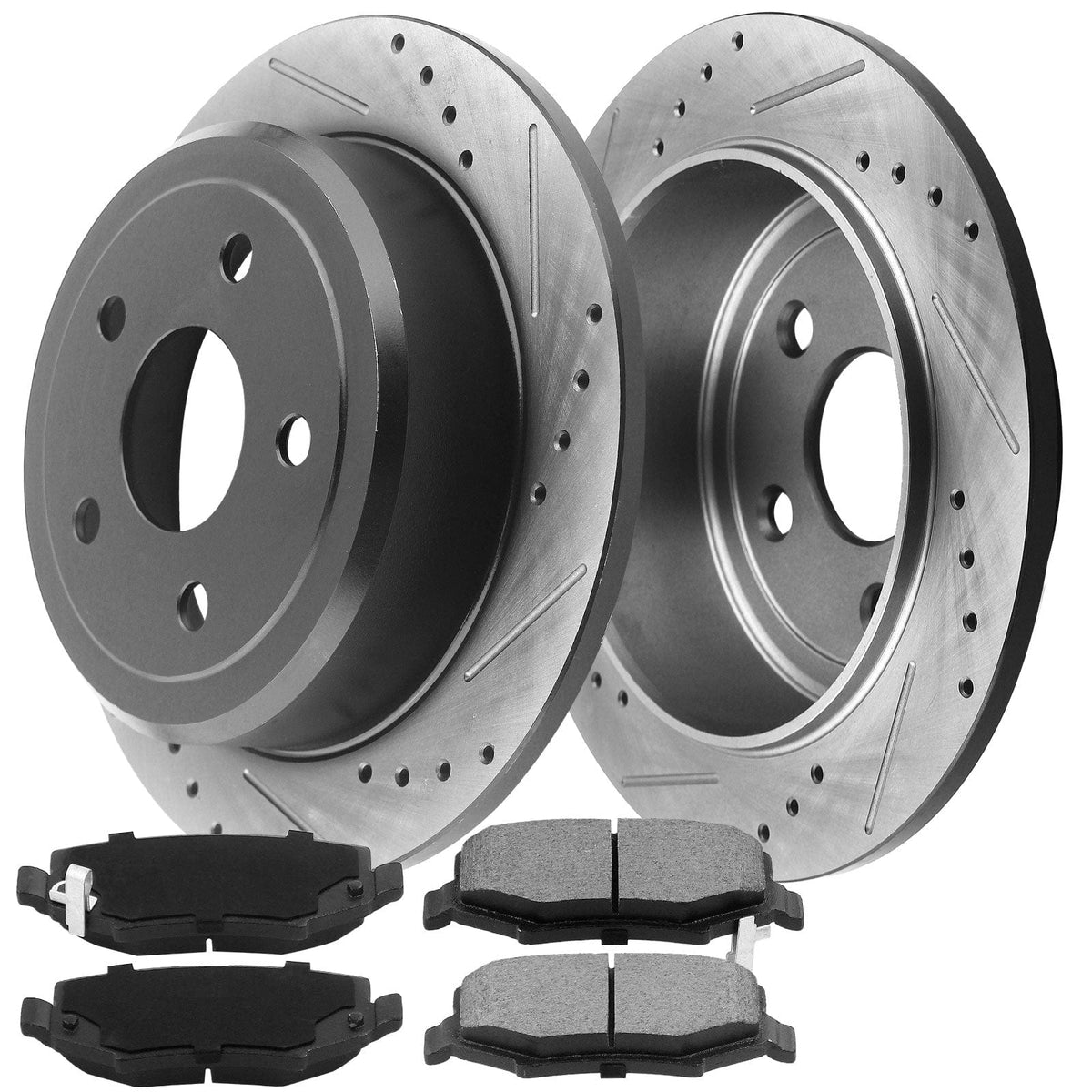 Rear Drilled & Slotted Disc Brake Rotors + Ceramic Pads + Cleaner & Fluid Fits for Ford Mustang 2015 2016 2017 2018 2019 2020-5-Lug Wheel Holes