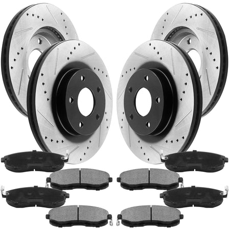 Front & Rear Drilled & Slotted Disc Brake Rotors + Ceramic Pads + Cleaner & Fluid Fits for 2015 2016 2017 Ford Edge