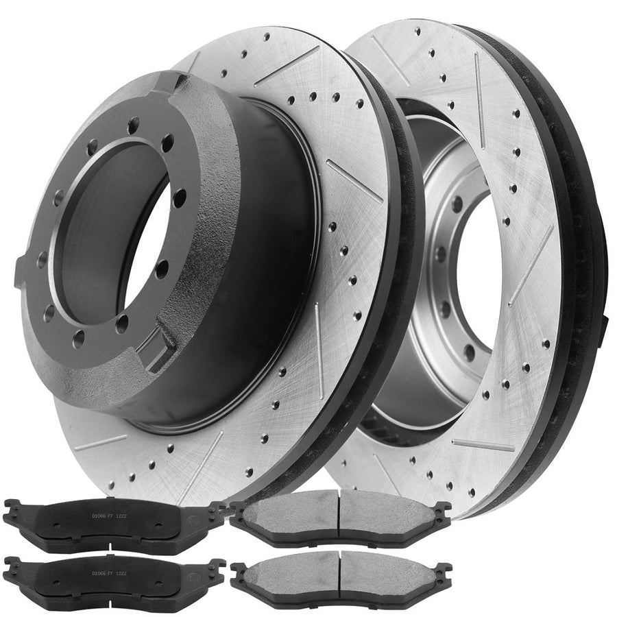 a set of brake rotors and pads. The rotors feature a drilled and slotted design, which helps with heat dissipation and reduces brake fade. The brake pads are designed to work with these rotors for effective braking performance.