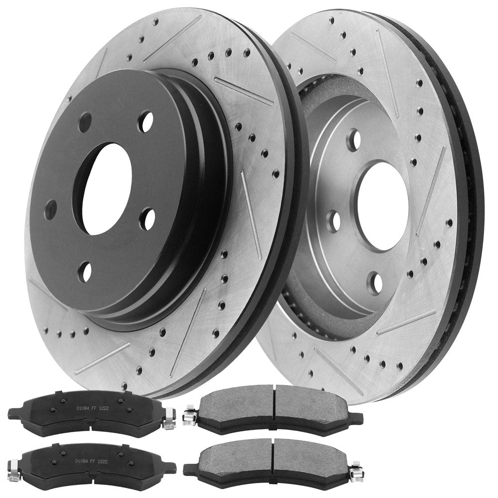 Front Drilled & Slotted Disc Brake Rotors w/Ceramic Brake Pads Replacement for Chrysler Aspen, Dodge Durango Ram 1500-5 Lugs,2WD 4WD