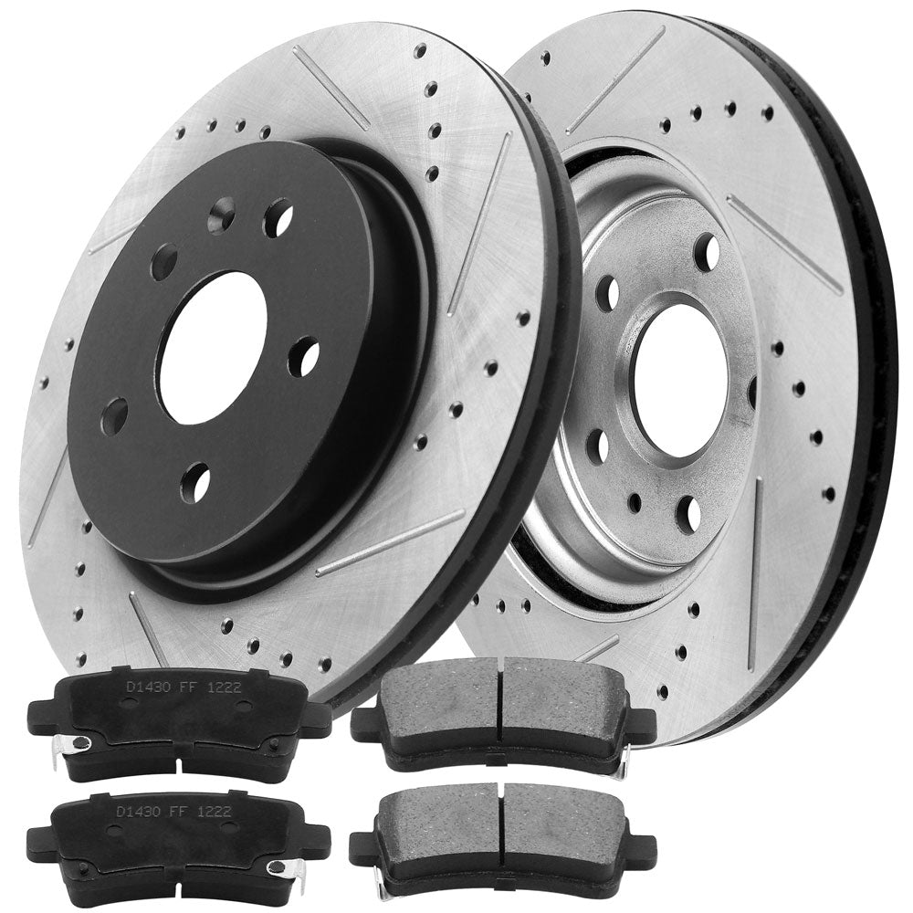 MotorbyMotor-Rear Drilled and Slotted Brake Rotors w/Ceramic Brake Pads Fits for Buick Allure LaCrosse Regal, Cadillac XTS, Chevrolet Impala Malibu Limited, Saab 9-5