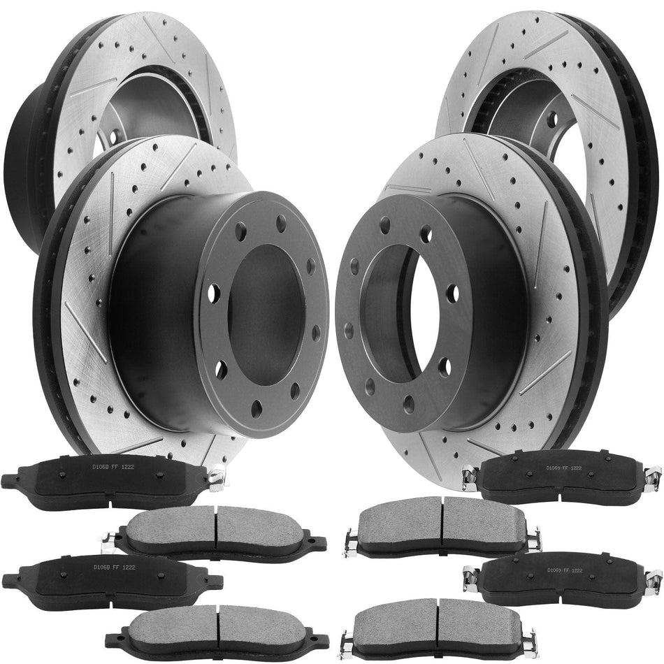 Front & Rear Drilled Slotted Disc Brake Rotors w/Ceramic Brake Pads Fit 2005 2006 2007 Ford F-250 Super Duty(4WD or 2WD Single Rear Wheel ), 2005-2008 Ford F-350 Super Duty (SRW), 8 Lugs Counts
