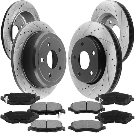 Front & Rear Drilled & Slotted Disc Brake Rotors + Ceramic Pads + Cleaner & Fluid Fits for 2007-2018 Jeep Wrangler, 2018 Jeep Wrangler JK