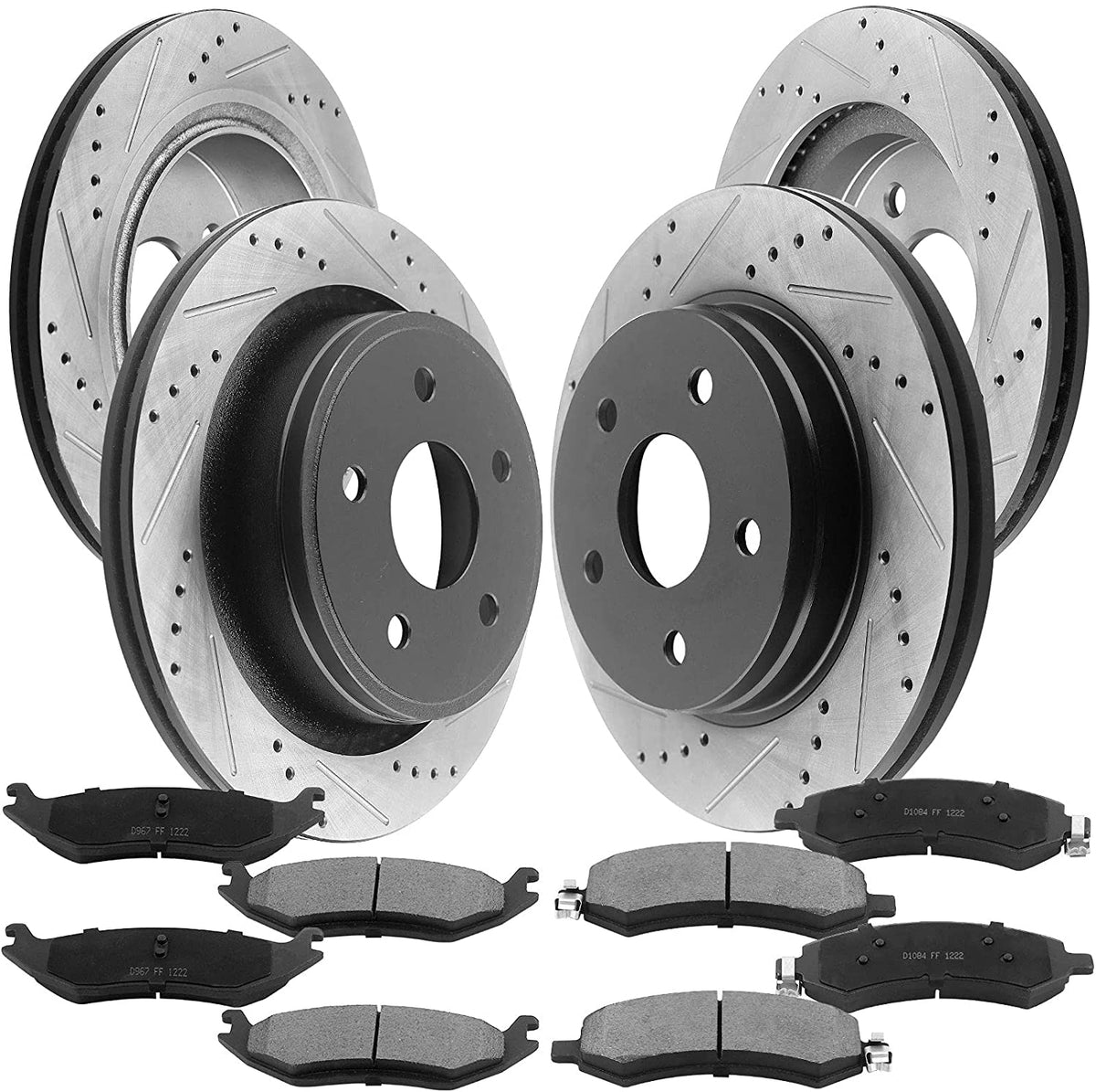 Front & Rear Drilled & Slotted Disc Brake Rotors + Ceramic Pads + Cleaner & Fluid Fits for Chrysler Aspen, Dodge Dakota, Dodge Ram 1500 Pickup,Ram 1500