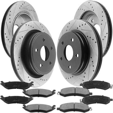 Front & Rear Drilled & Slotted Disc Brake Rotors + Ceramic Pads + Cleaner & Fluid Fits for Chrysler Aspen, Dodge Dakota, Dodge Ram 1500 Pickup,Ram 1500