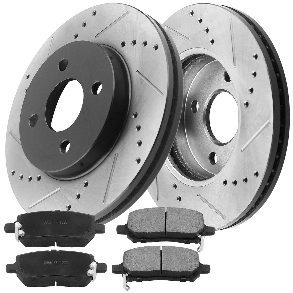 Front Drilled & Slotted Brake Rotors & Ceramic Brake Pads w/Cleaner & Fluid Fit Chevy Cobalt, Pontiac G5, Saturn Ion 4 Lugs