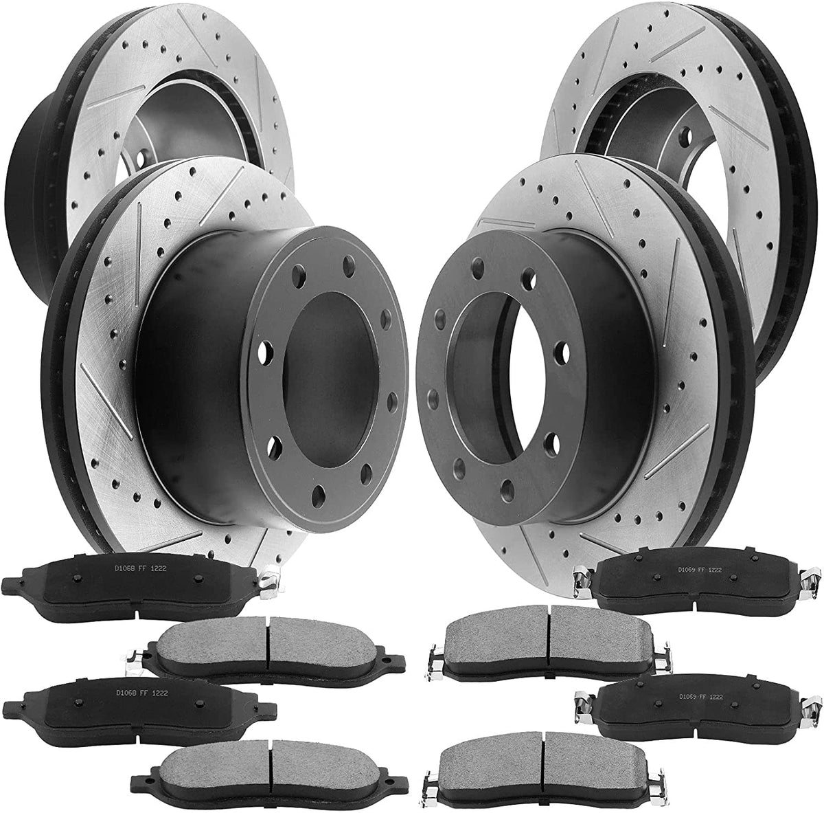 Front & Rear Drilled & Slotted Disc Brake Rotors + Ceramic Pads + Cleaner & Fluid Fits for 2005-2012 Ford F-250 Super Duty, 2005-2012 Ford F-350 Super Duty