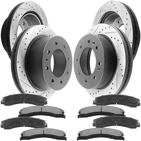 Front Rear Drilled Slotted Disc Brake Rotors + Ceramic Pads + Cleaner Fluid Fits for Chevy Silverado 2500 HD 3500 HD, GMC Sierra 2500 HD 3500 HD