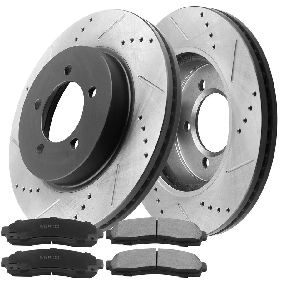 MotorbyMotor Front Brake Rotors & Brake Pad Kit 305mm Drilled & Slotted Design Fits for Ford Explorer 2002-2005, Mercury Mountaineer 2002-2005 (4.0L, 4.6L)