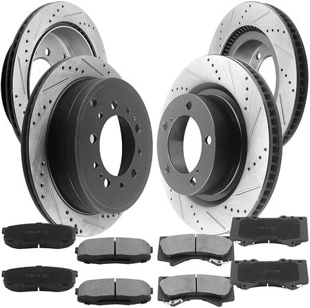 Front & Rear Drilled & Slotted Disc Brake Rotors + Ceramic Pads + Cleaner & Fluid Fits for Lexus LX570, Toyota Land Cruiser/Sequoia/Tundra