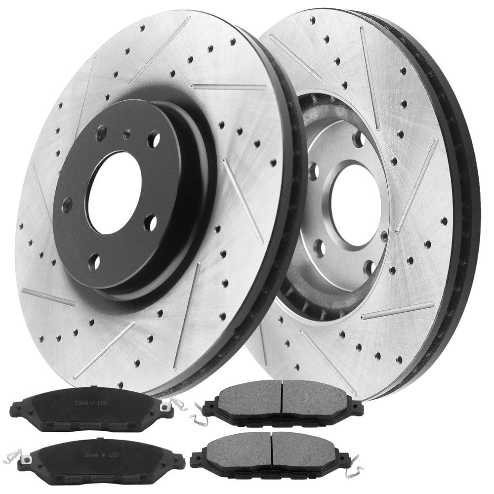 Front Drilled & Slotted Disc Brake Rotors + Ceramic Pads + Cleaner & Fluid Fits for Infiniti JX35 Q60 Q50 QX50 QX60, Nissan Murano Pathfinder