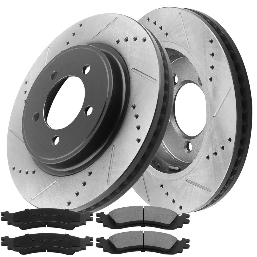 MotorbyMotor Front Brake Rotors & Brake Pad Kit 305.2mm Drilled & Slotted Design Fits for Ford Explorer, Ford Explorer Sport Trac, Mercury Mountaineer-All Models